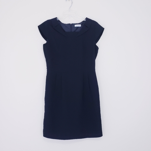 Calvin Klein Black Cap Sleeve Sheath Dress Foldover Neck Size 10 - Picture 1 of 8
